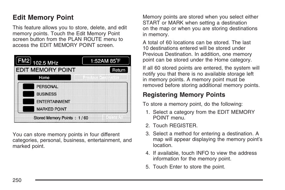 Edit memory point | Cadillac 2007 XLR User Manual | Page 250 / 512