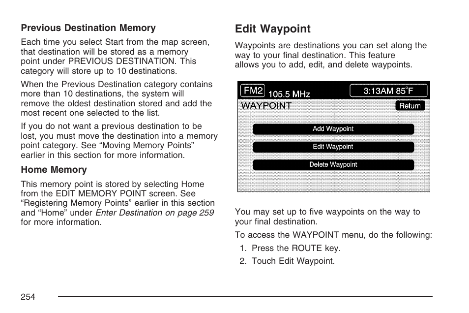 Edit waypoint | Cadillac 2007 XLR User Manual | Page 254 / 512