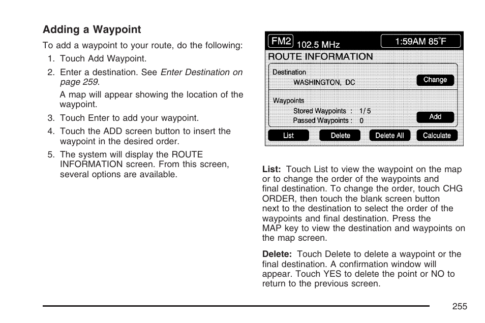 Adding a waypoint | Cadillac 2007 XLR User Manual | Page 255 / 512