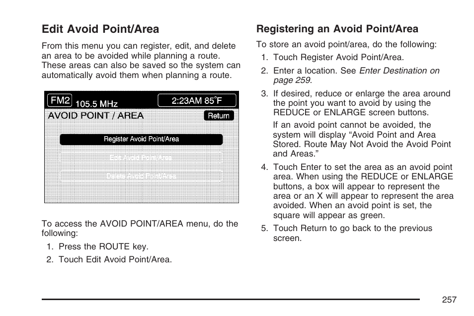 Edit avoid point/area | Cadillac 2007 XLR User Manual | Page 257 / 512