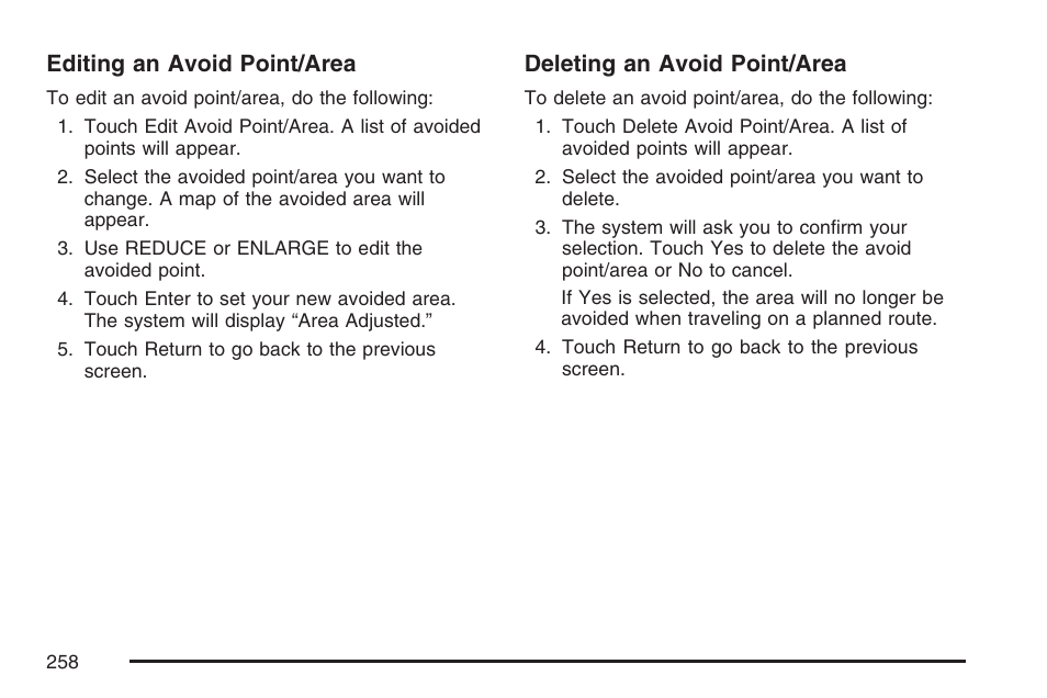 Editing an avoid point/area, Deleting an avoid point/area | Cadillac 2007 XLR User Manual | Page 258 / 512