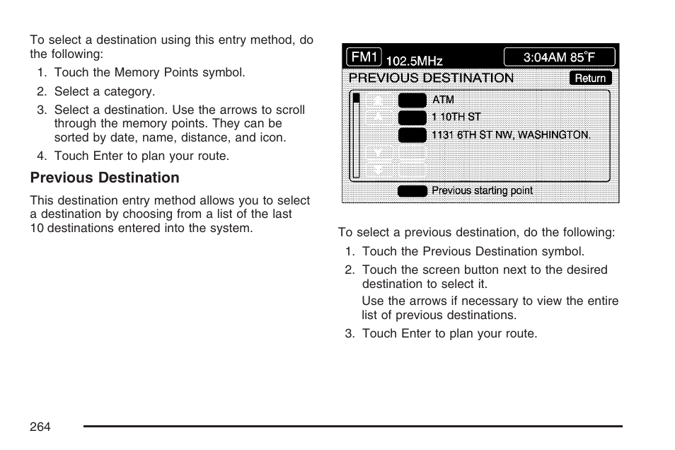 Previous destination | Cadillac 2007 XLR User Manual | Page 264 / 512