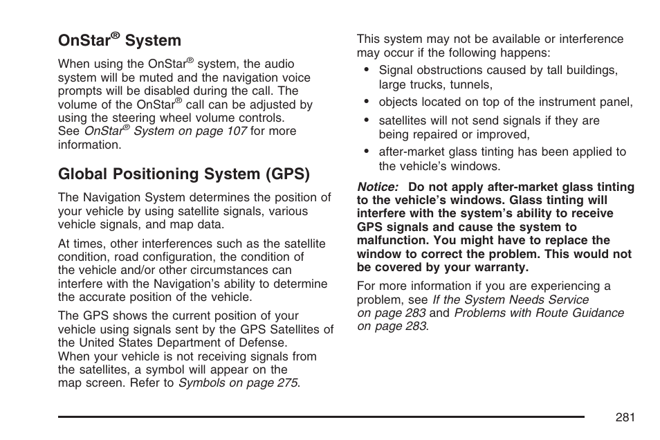 Onstar® system, Global positioning system (gps), Onstar | System | Cadillac 2007 XLR User Manual | Page 281 / 512