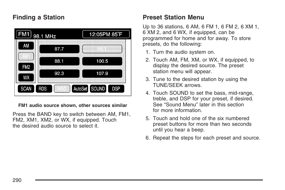 Finding a station, Preset station menu | Cadillac 2007 XLR User Manual | Page 290 / 512