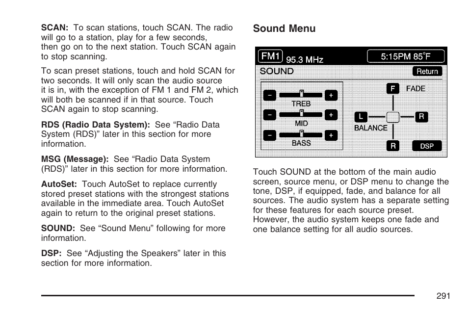 Sound menu | Cadillac 2007 XLR User Manual | Page 291 / 512