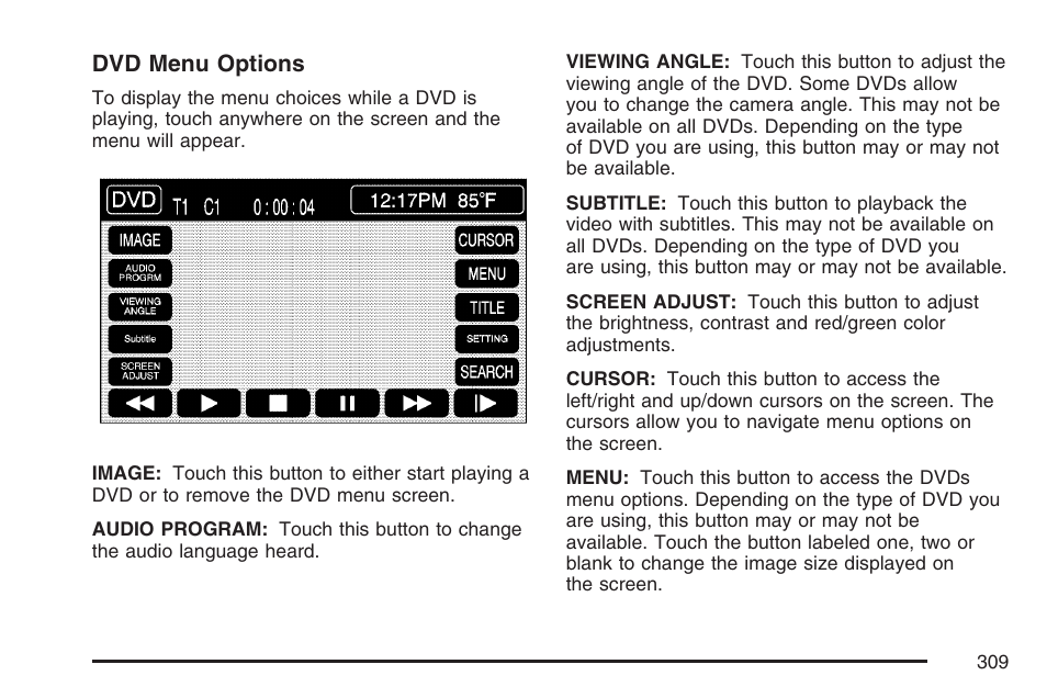 Dvd menu options | Cadillac 2007 XLR User Manual | Page 309 / 512