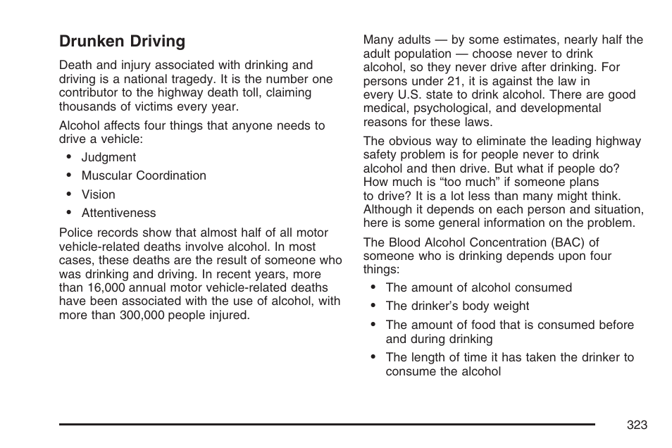 Drunken driving | Cadillac 2007 XLR User Manual | Page 323 / 512