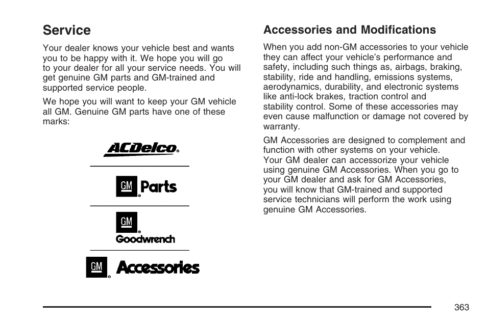 Service, Accessories and modifications | Cadillac 2007 XLR User Manual | Page 363 / 512