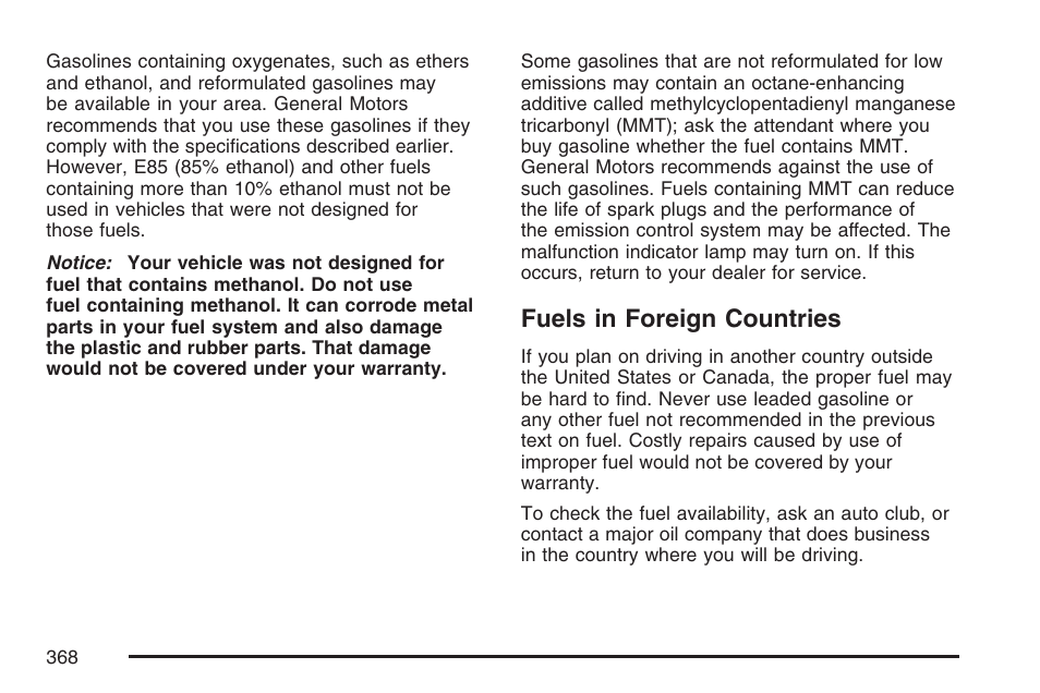 Fuels in foreign countries | Cadillac 2007 XLR User Manual | Page 368 / 512