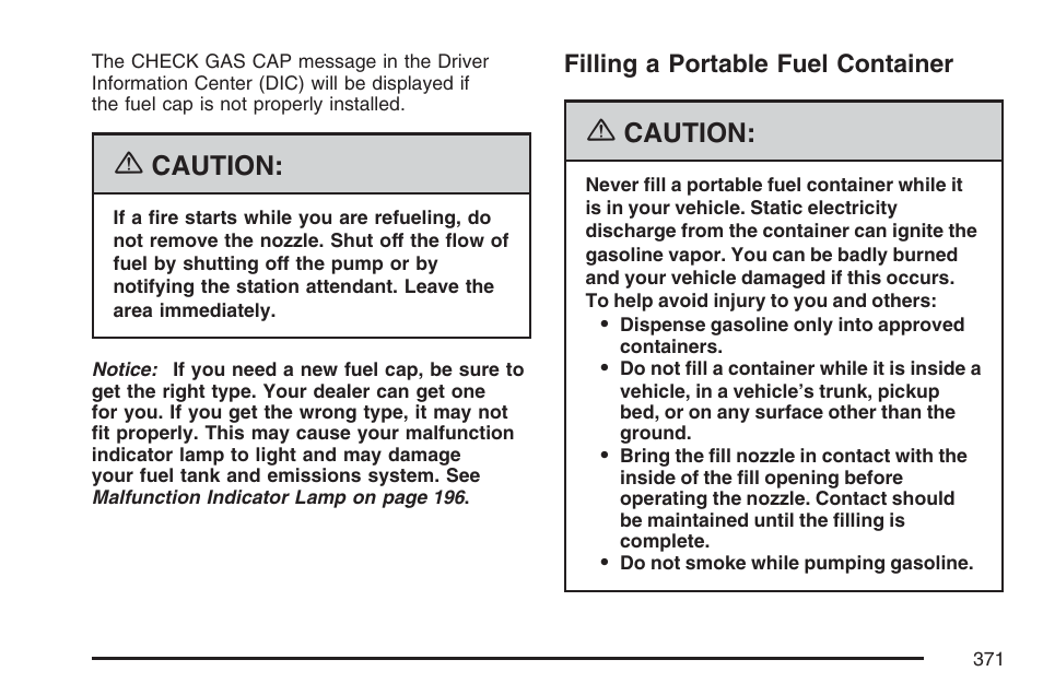 Filling a portable fuel container, Caution | Cadillac 2007 XLR User Manual | Page 371 / 512