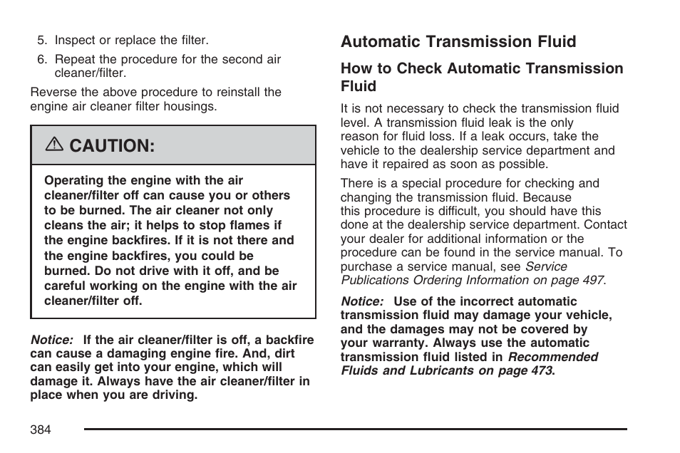 Automatic transmission fluid, Caution | Cadillac 2007 XLR User Manual | Page 384 / 512