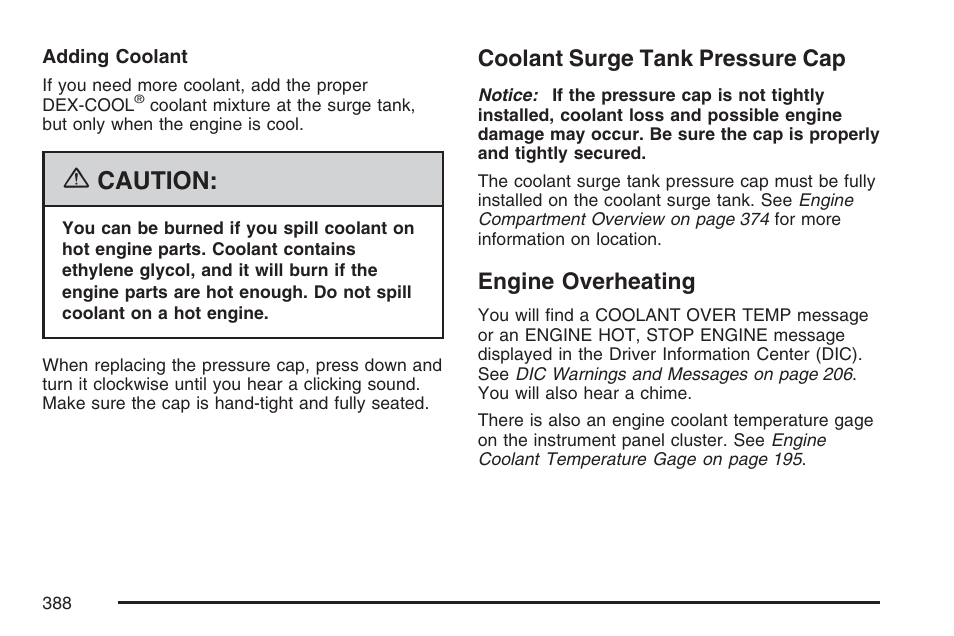 Coolant surge tank pressure cap, Engine overheating, Caution | Cadillac 2007 XLR User Manual | Page 388 / 512