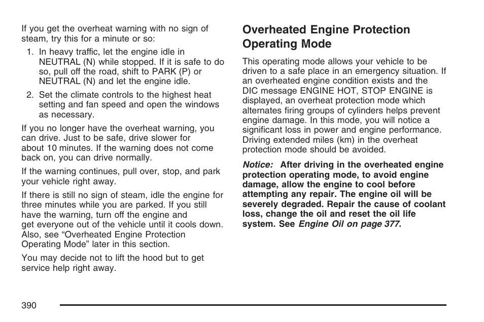 Overheated engine protection operating mode, Overheated engine protection, Operating mode | Cadillac 2007 XLR User Manual | Page 390 / 512