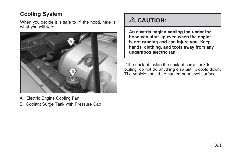 Cooling system, Caution | Cadillac 2007 XLR User Manual | Page 391 / 512