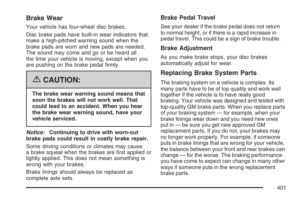 Caution | Cadillac 2007 XLR User Manual | Page 401 / 512