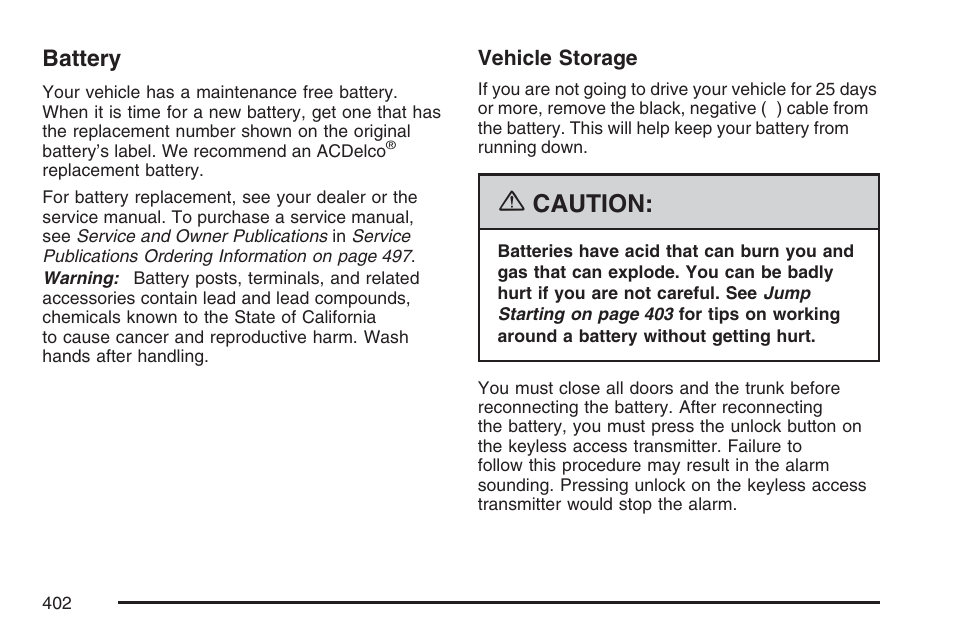 Battery, Caution | Cadillac 2007 XLR User Manual | Page 402 / 512