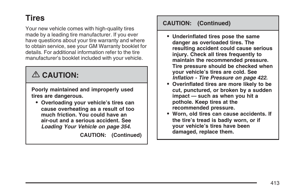 Tires, Caution | Cadillac 2007 XLR User Manual | Page 413 / 512