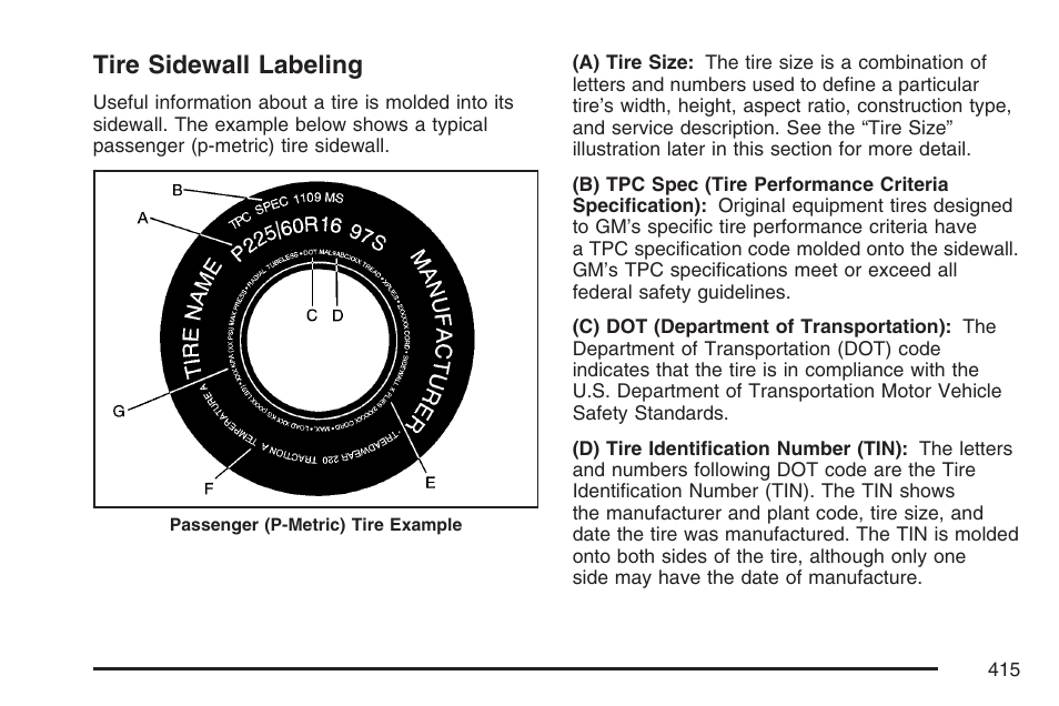 Tire sidewall labeling | Cadillac 2007 XLR User Manual | Page 415 / 512