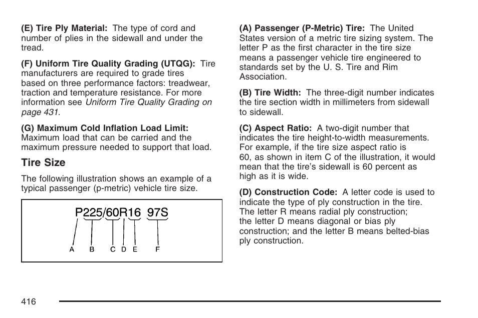 Tire size | Cadillac 2007 XLR User Manual | Page 416 / 512