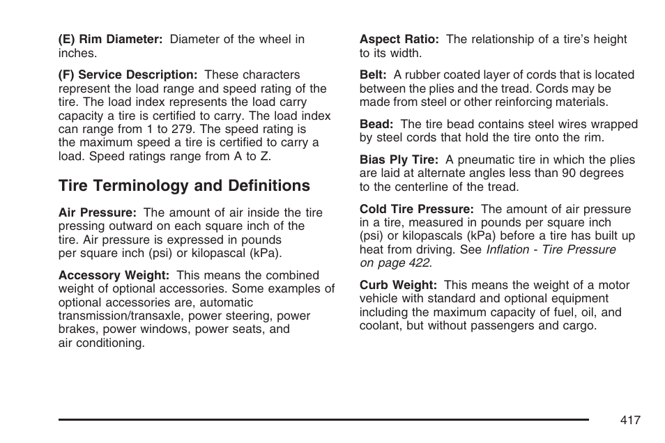 Tire terminology and definitions | Cadillac 2007 XLR User Manual | Page 417 / 512