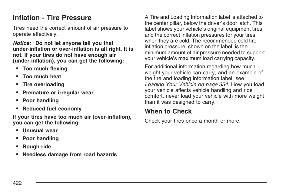 Inflation - tire pressure | Cadillac 2007 XLR User Manual | Page 422 / 512