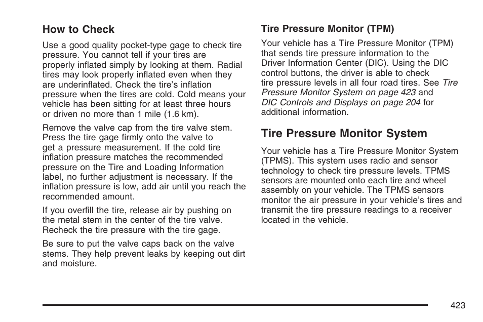 Tire pressure monitor system | Cadillac 2007 XLR User Manual | Page 423 / 512