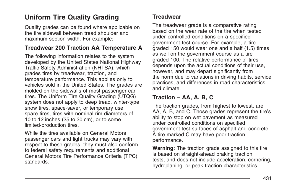 Uniform tire quality grading | Cadillac 2007 XLR User Manual | Page 431 / 512