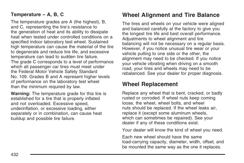 Wheel alignment and tire balance, Wheel replacement, Wheel alignment and tire balance wheel replacement | Cadillac 2007 XLR User Manual | Page 432 / 512