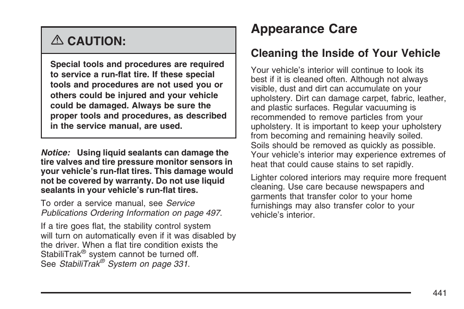 Appearance care, Cleaning the inside of your vehicle, Caution | Cadillac 2007 XLR User Manual | Page 441 / 512