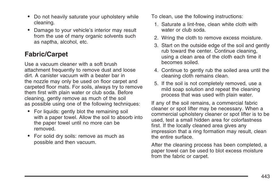 Fabric/carpet | Cadillac 2007 XLR User Manual | Page 443 / 512