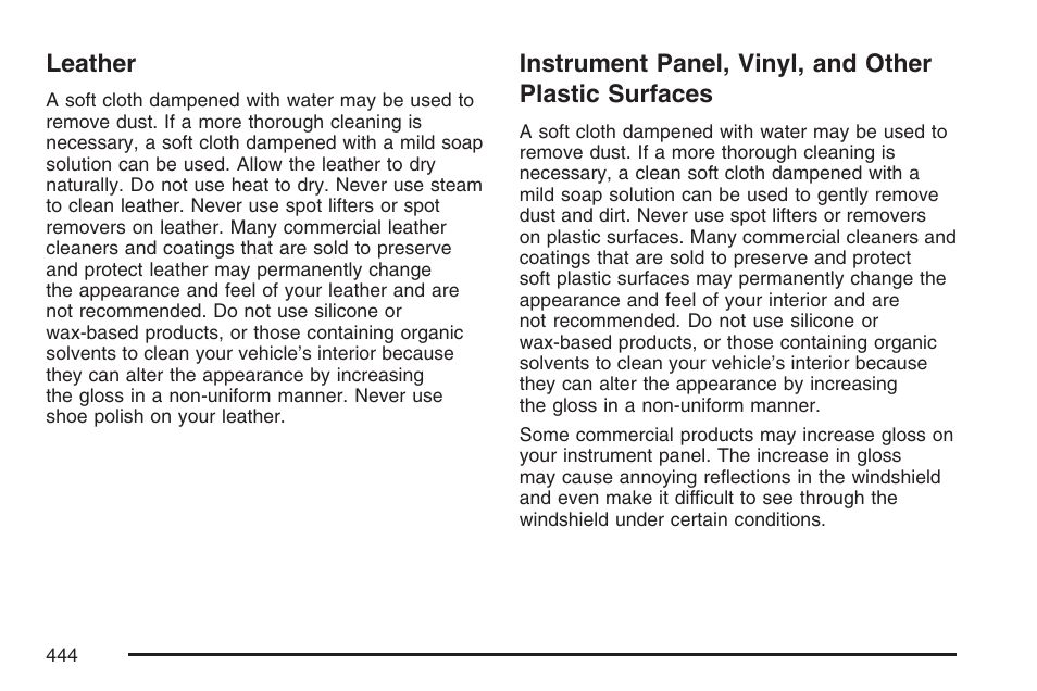 Leather, Leather instrument panel, vinyl, and other, Plastic surfaces | Cadillac 2007 XLR User Manual | Page 444 / 512