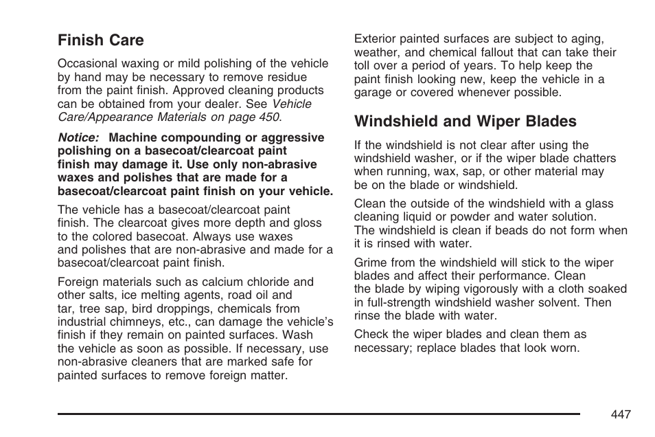 Finish care, Windshield and wiper blades | Cadillac 2007 XLR User Manual | Page 447 / 512