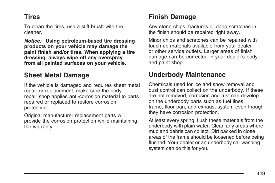 Tires, Sheet metal damage, Finish damage | Underbody maintenance | Cadillac 2007 XLR User Manual | Page 449 / 512