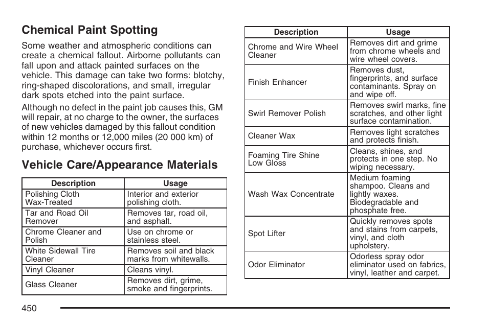 Chemical paint spotting, Vehicle care/appearance materials | Cadillac 2007 XLR User Manual | Page 450 / 512