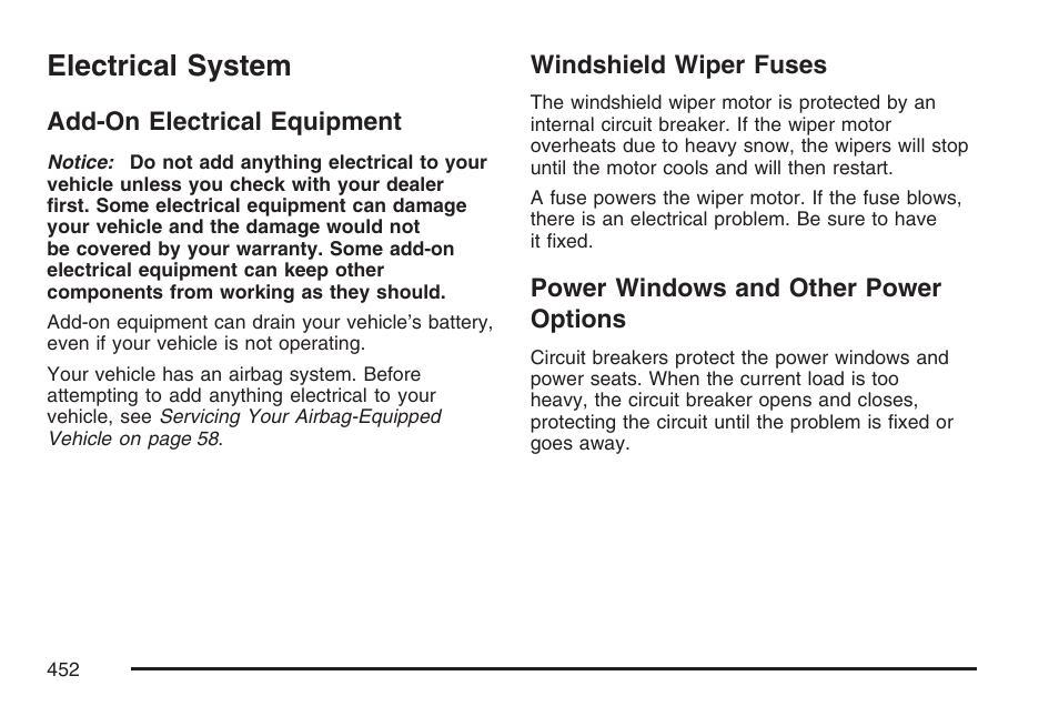 Electrical system, Add-on electrical equipment, Windshield wiper fuses | Power windows and other power options, Options | Cadillac 2007 XLR User Manual | Page 452 / 512