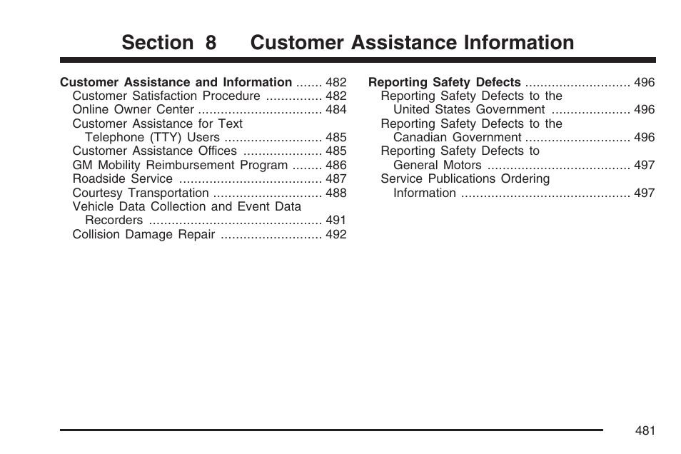 Customer assistance information | Cadillac 2007 XLR User Manual | Page 481 / 512