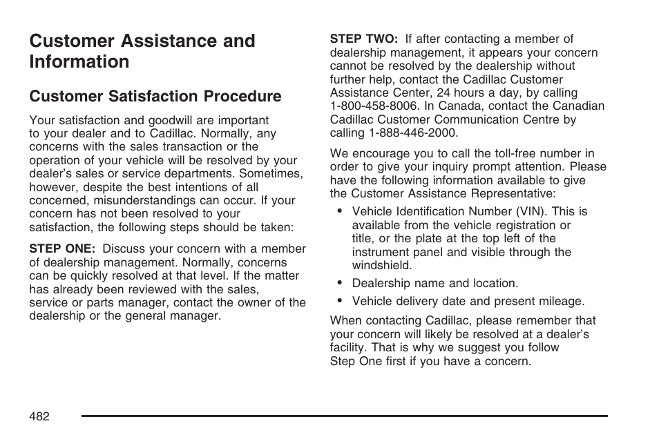 Customer assistance and information, Customer satisfaction procedure, Customer assistance and | Information | Cadillac 2007 XLR User Manual | Page 482 / 512