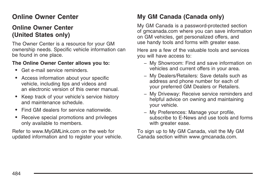 Online owner center | Cadillac 2007 XLR User Manual | Page 484 / 512