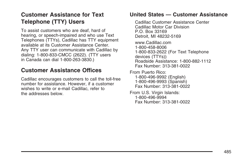 Customer assistance for text telephone (tty) users, Customer assistance offices, Customer assistance for text | Telephone (tty) users | Cadillac 2007 XLR User Manual | Page 485 / 512