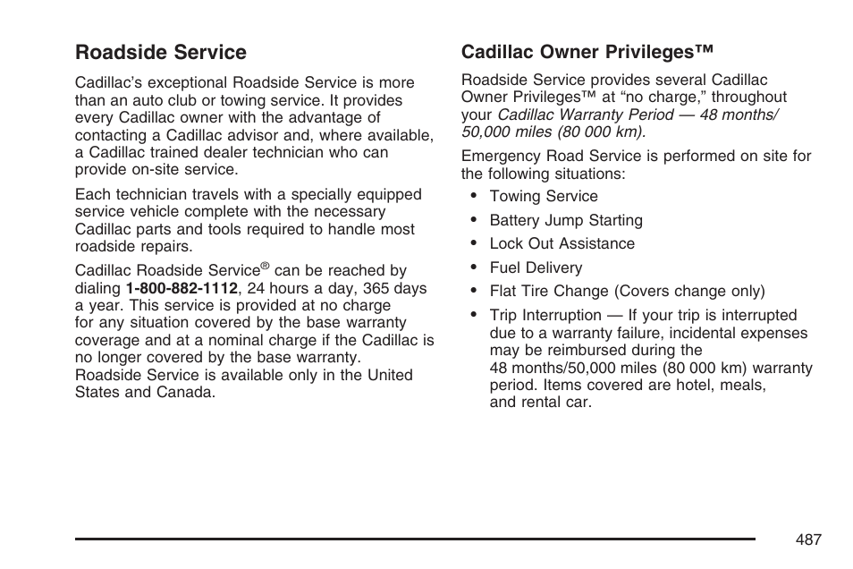 Roadside service | Cadillac 2007 XLR User Manual | Page 487 / 512