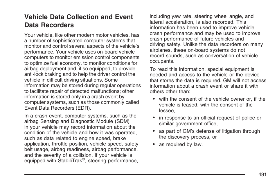 Vehicle data collection and event data recorders, Vehicle data collection and event data, Recorders | Cadillac 2007 XLR User Manual | Page 491 / 512