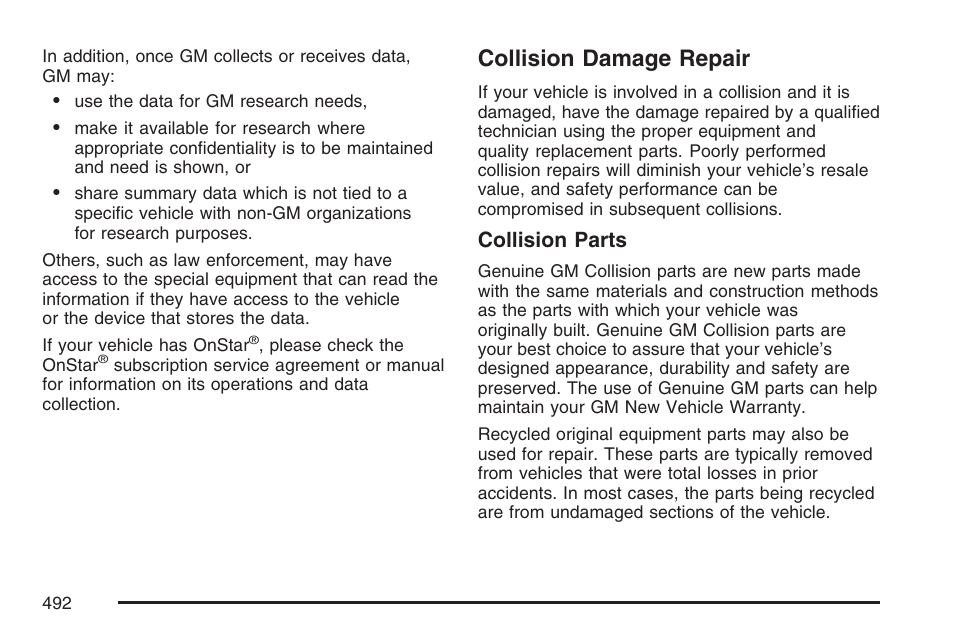 Collision damage repair, Collision parts | Cadillac 2007 XLR User Manual | Page 492 / 512