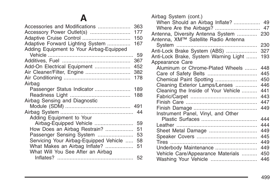 Index | Cadillac 2007 XLR User Manual | Page 499 / 512