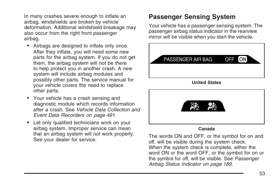 Passenger sensing system | Cadillac 2007 XLR User Manual | Page 53 / 512