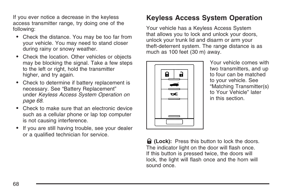 Keyless access system operation | Cadillac 2007 XLR User Manual | Page 68 / 512