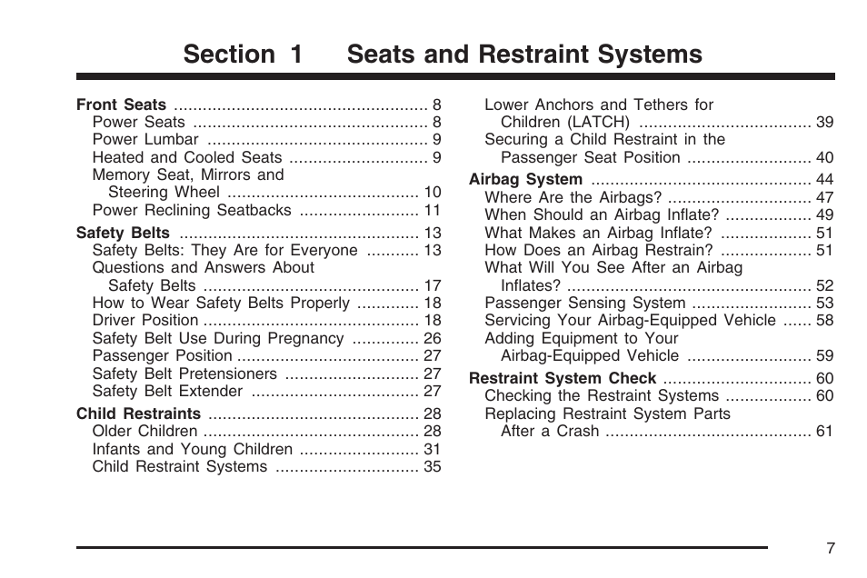 Seats and restraint systems | Cadillac 2007 XLR User Manual | Page 7 / 512