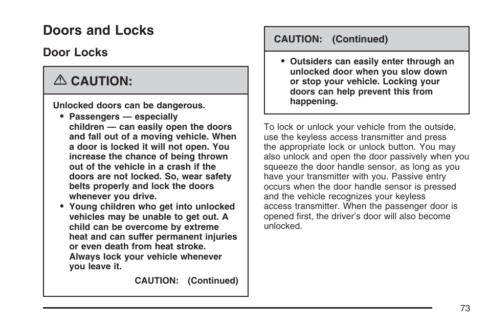 Doors and locks, Door locks, Caution | Cadillac 2007 XLR User Manual | Page 73 / 512