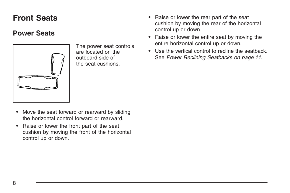 Front seats, Power seats | Cadillac 2007 XLR User Manual | Page 8 / 512