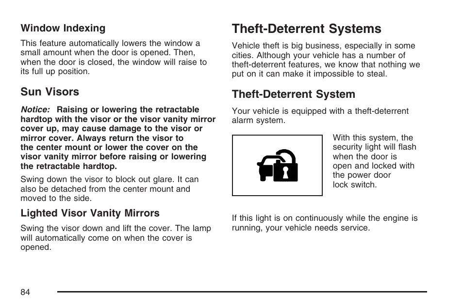 Sun visors, Theft-deterrent systems, Theft-deterrent system | Cadillac 2007 XLR User Manual | Page 84 / 512