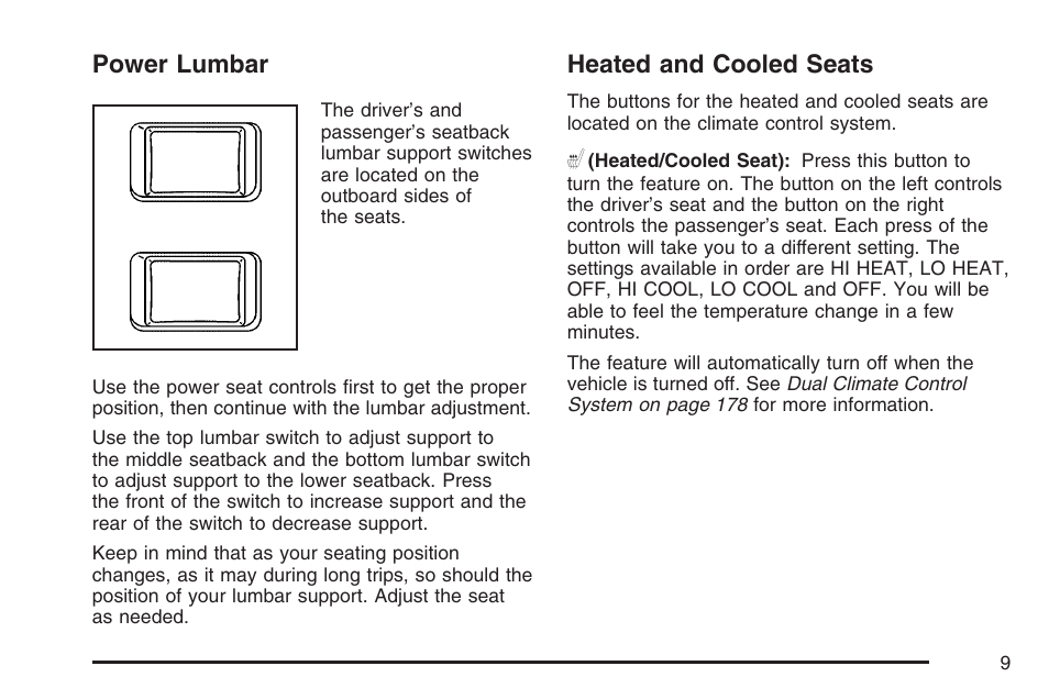 Power lumbar, Heated and cooled seats, Power lumbar heated and cooled seats | Cadillac 2007 XLR User Manual | Page 9 / 512